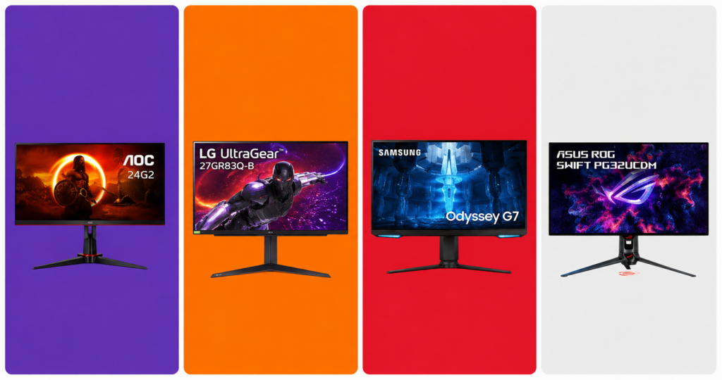 monitores AOC24G2, LG 27GR83Q-B, Samsung Odyssey G7 e ASUS ROG Swift PG32UCDM no fundo padrão do blog