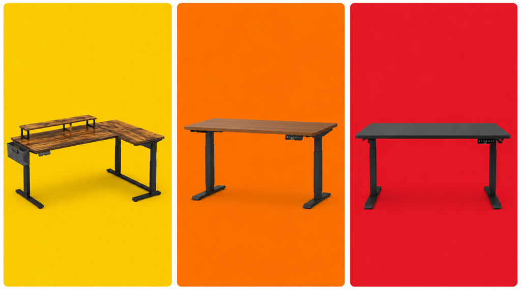 mesas Bestier L-Shaped Desk, Flexispot E7 e Uplift V2 Commercial no fundo padrão do blog