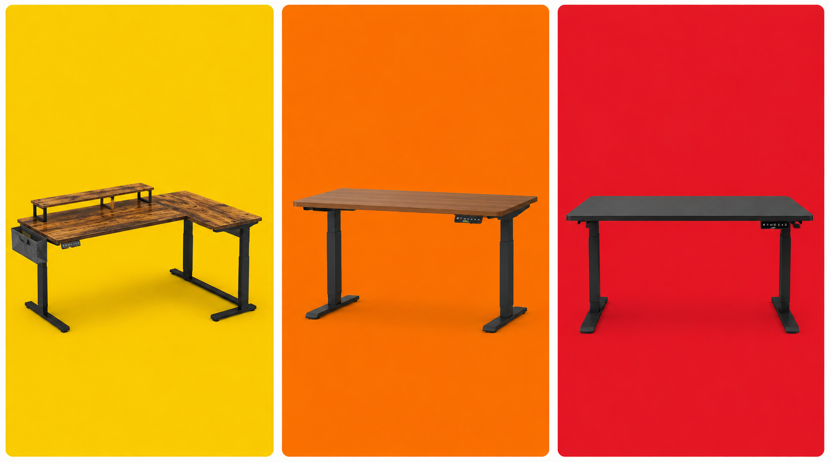 mesas Bestier L-Shaped Desk, Flexispot E7 e Uplift V2 Commercial no fundo padrão do blog