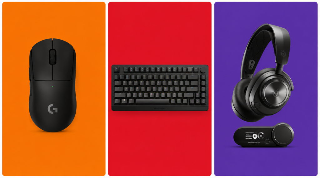 mouse Logitech G Pro X Superlight 2, teclado Wooting 80HE e headset SteelSeries Arctis Nova Pro no fundo padrão blog
