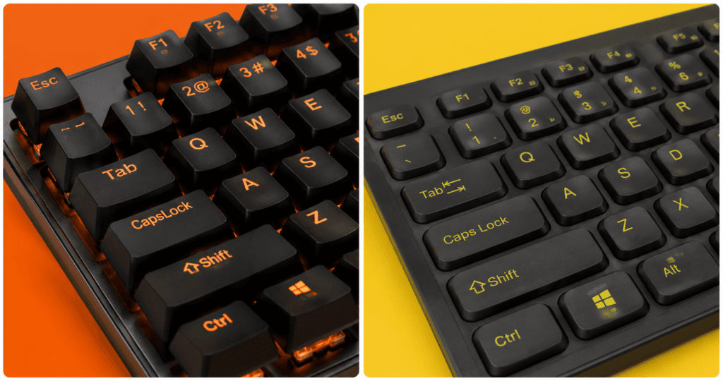 teclado mecânico x teclado membrana fundo laranja e amarelo padrão blogo