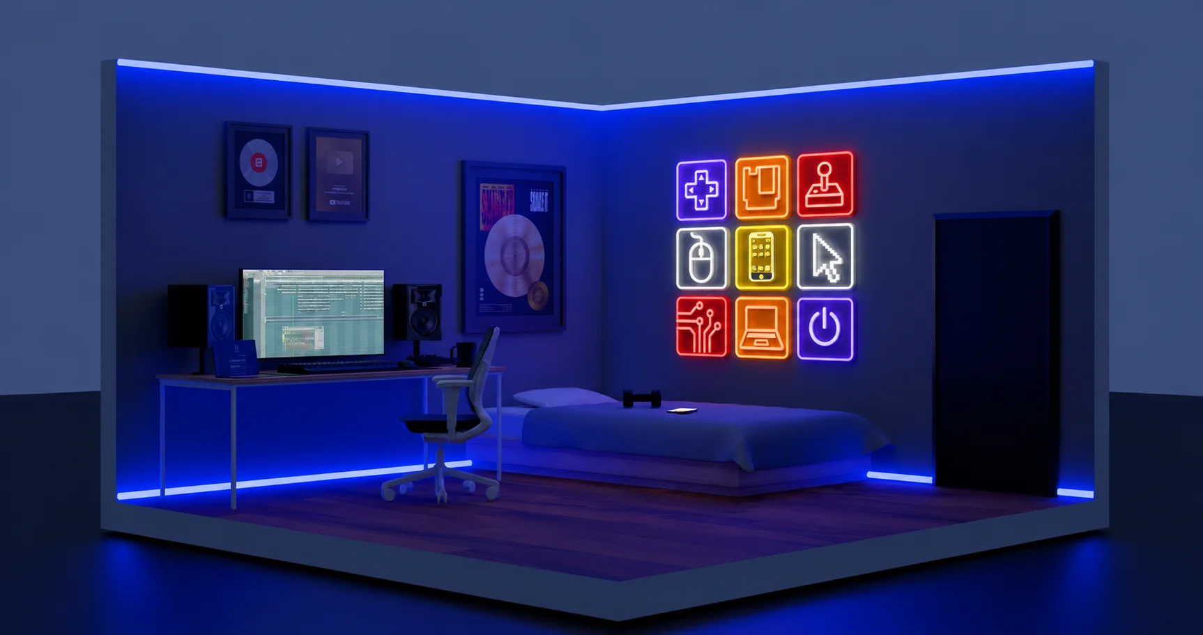 Quarto em 3D com o logo blog em Neon