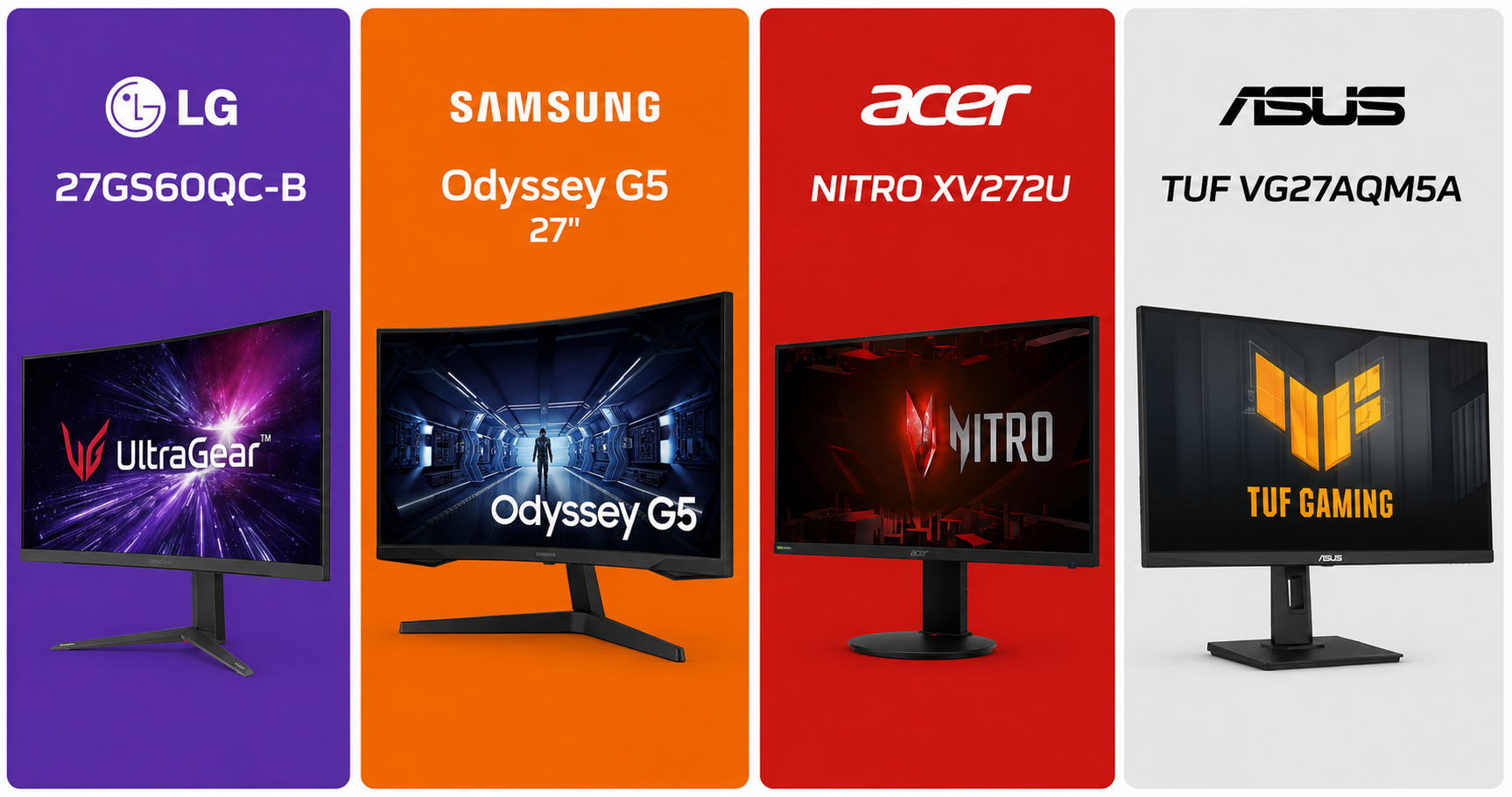 imagem fundo padrão blog com os monitores LG 27GS60QC-B, Samsung Odyssey G5 de 27", Acer Nitro XV272U e ASUS TUF VG27AQM5A